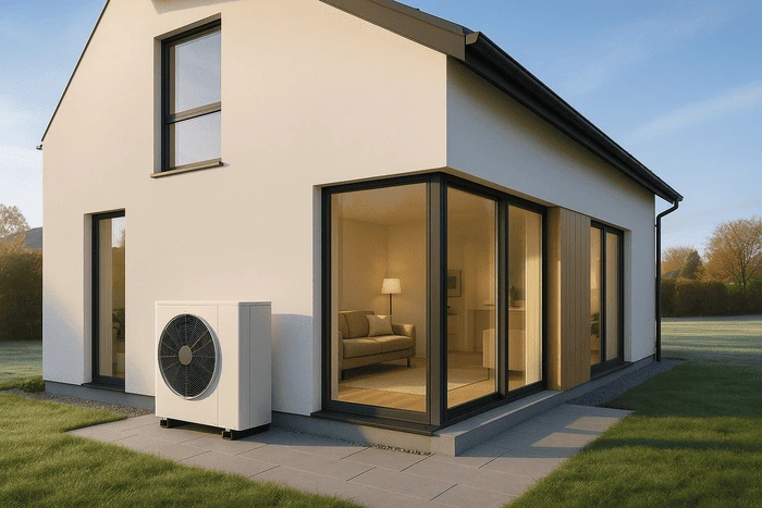 Modern UK home with large windows and an air source heat pump installed outside, warm light visible from interior living room