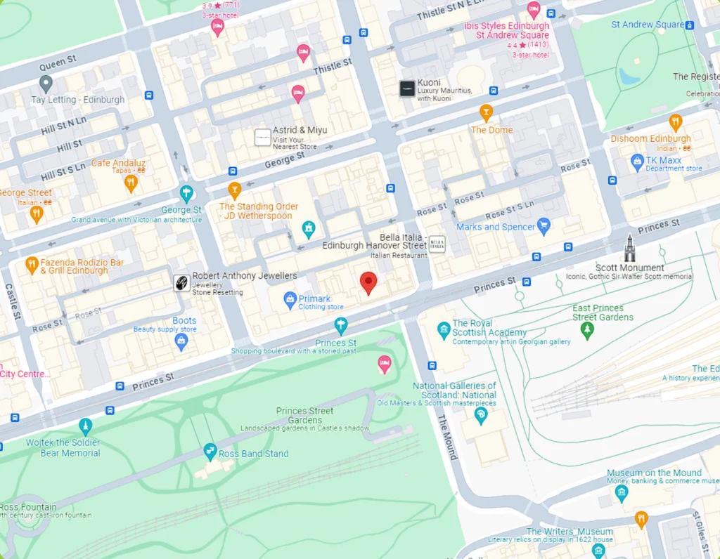 Map showing the LivWarm office location in central Edinburgh, near Princes Street and the Scott Monument.