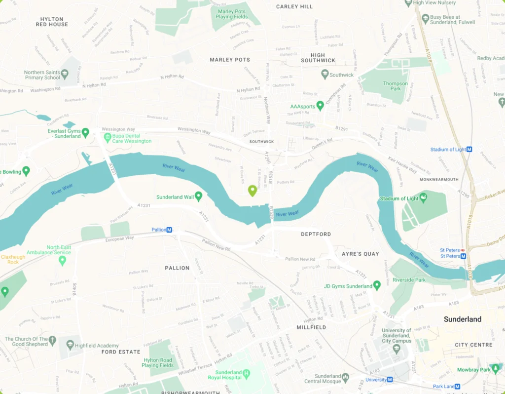 Map displaying the LivWarm office location in Sunderland, near the River Wear and surrounding neighbourhoods like Pallion and Southwick.