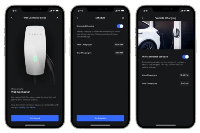 Tesla mobile app interface showing Wall Connector setup, smart charging schedule, and energy monitoring features for home EV charger management.