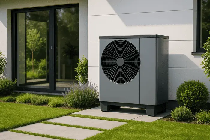 Modern grey air source heat pump unit installed outside a contemporary UK home