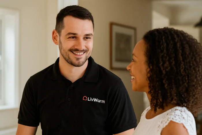 Friendly LivWarm installer smiling and chatting with a happy customer inside a modern UK home.