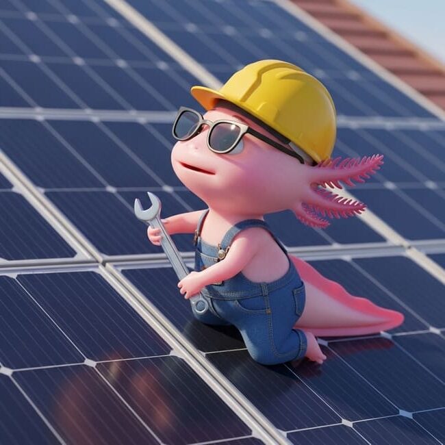 Cartoon axolotl in a yellow hard hat and sunglasses holding a spanner on a rooftop solar panel array.