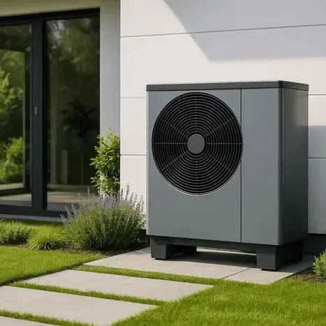 Modern grey air source heat pump unit installed outside a contemporary UK home